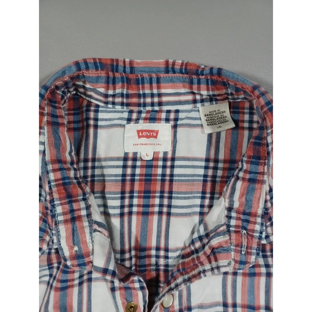 Levis Shirt Mens L White Blue Orange Plaid Western Long Sleeve‎ Pearl Snap